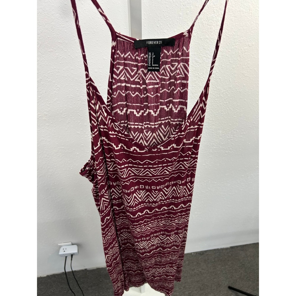 Forever 21 Womens Small Burgundy White Tribal Geometric Halter Mini Dress Boho - Picture 3 of 5